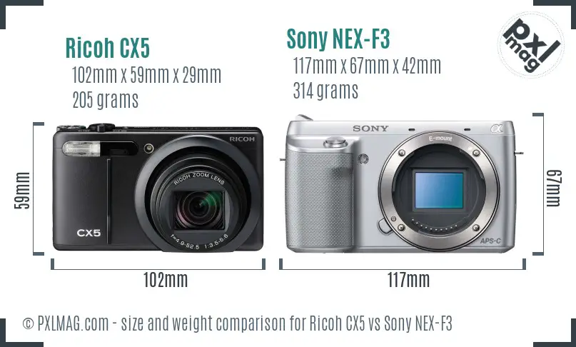 Ricoh CX5 vs Sony NEX-F3 size comparison