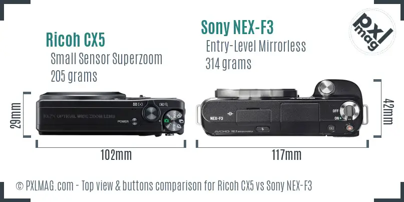 Ricoh CX5 vs Sony NEX-F3 top view buttons comparison