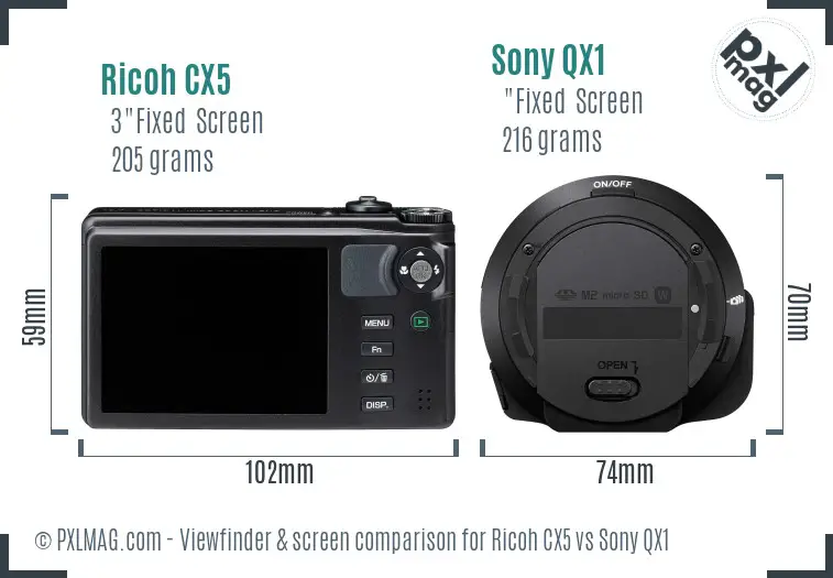 Ricoh CX5 vs Sony QX1 Screen and Viewfinder comparison