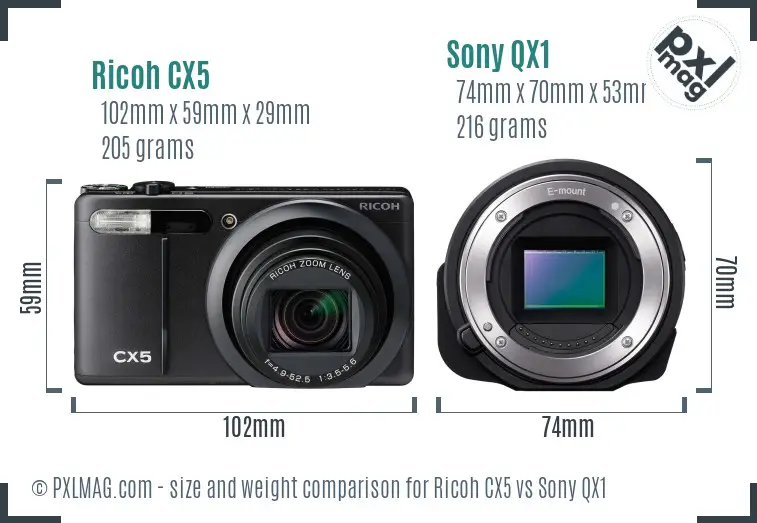 Ricoh CX5 vs Sony QX1 size comparison