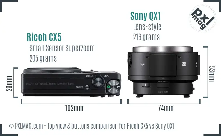 Ricoh CX5 vs Sony QX1 top view buttons comparison