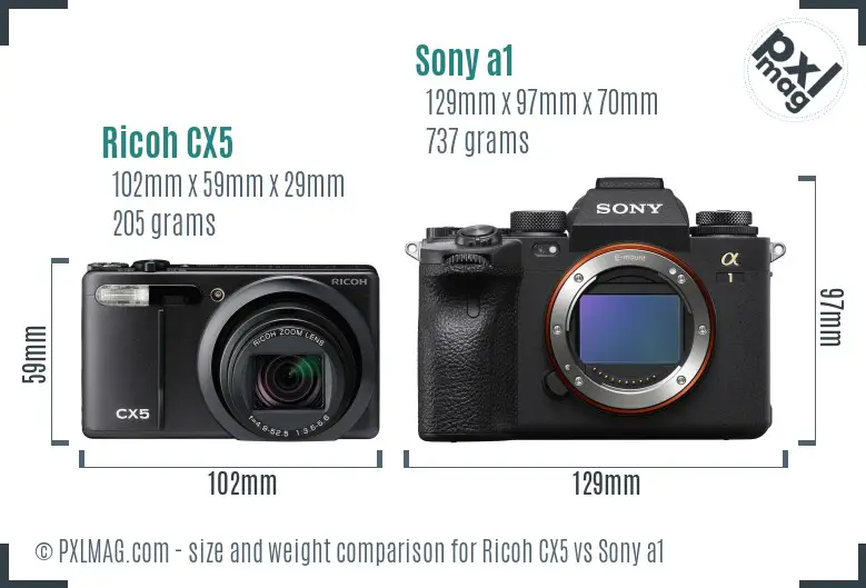 Ricoh CX5 vs Sony a1 size comparison