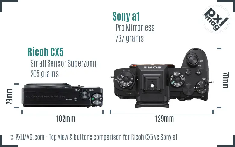 Ricoh CX5 vs Sony a1 top view buttons comparison