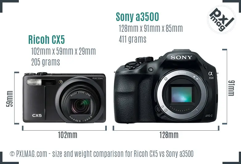 Ricoh CX5 vs Sony a3500 size comparison