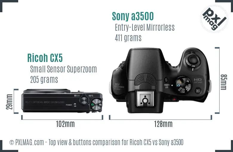Ricoh CX5 vs Sony a3500 top view buttons comparison