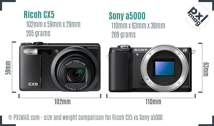 Ricoh CX5 vs Sony a5000 size comparison