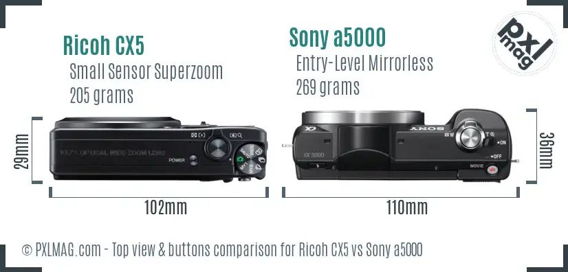 Ricoh CX5 vs Sony a5000 top view buttons comparison