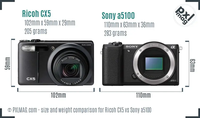Ricoh CX5 vs Sony a5100 size comparison