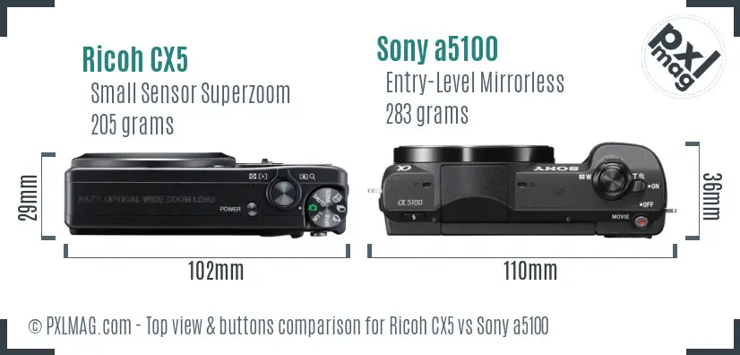 Ricoh CX5 vs Sony a5100 top view buttons comparison