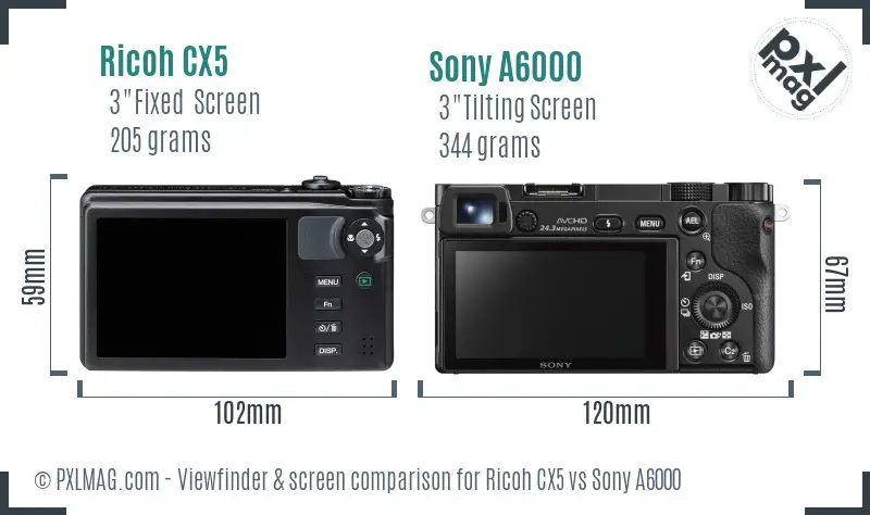 Ricoh CX5 vs Sony A6000 Screen and Viewfinder comparison
