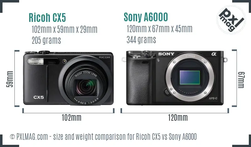 Ricoh CX5 vs Sony A6000 size comparison