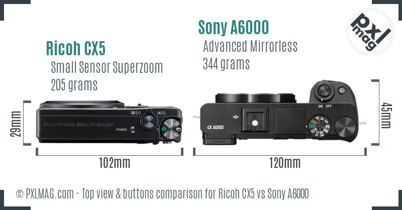 Ricoh CX5 vs Sony A6000 top view buttons comparison