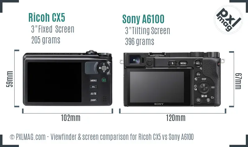 Ricoh CX5 vs Sony A6100 Screen and Viewfinder comparison