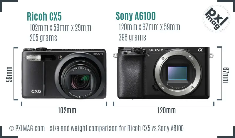 Ricoh CX5 vs Sony A6100 size comparison