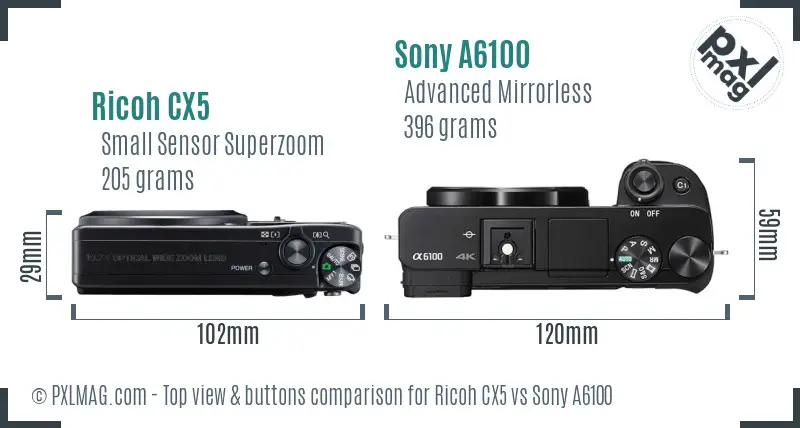 Ricoh CX5 vs Sony A6100 top view buttons comparison