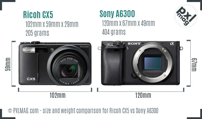 Ricoh CX5 vs Sony A6300 size comparison