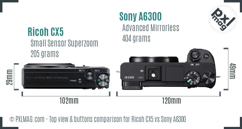 Ricoh CX5 vs Sony A6300 top view buttons comparison