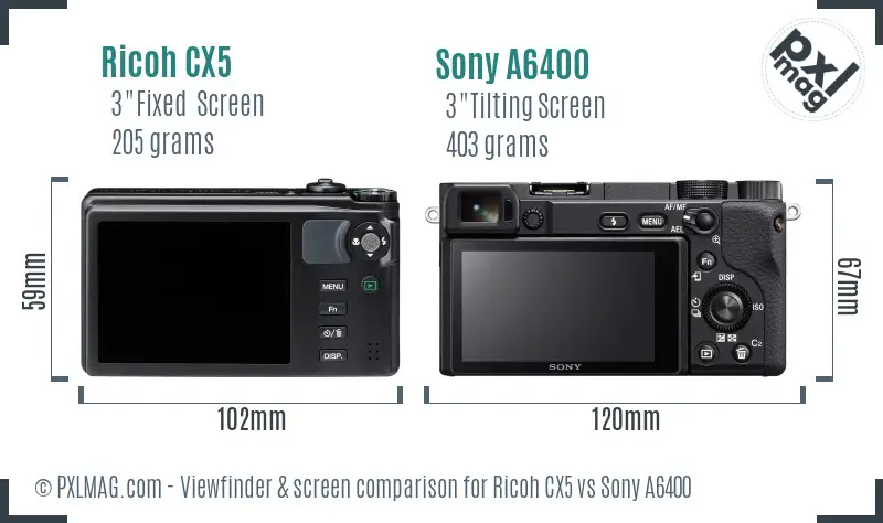 Ricoh CX5 vs Sony A6400 Screen and Viewfinder comparison