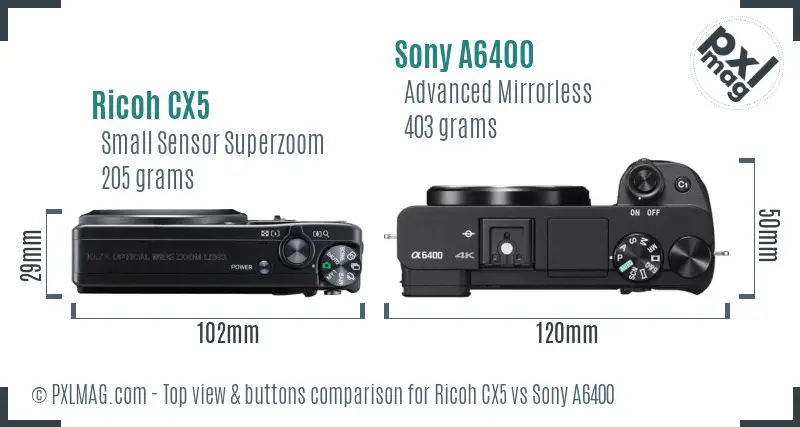 Ricoh CX5 vs Sony A6400 top view buttons comparison