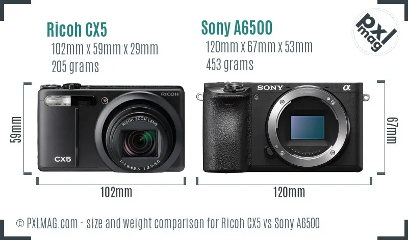 Ricoh CX5 vs Sony A6500 size comparison