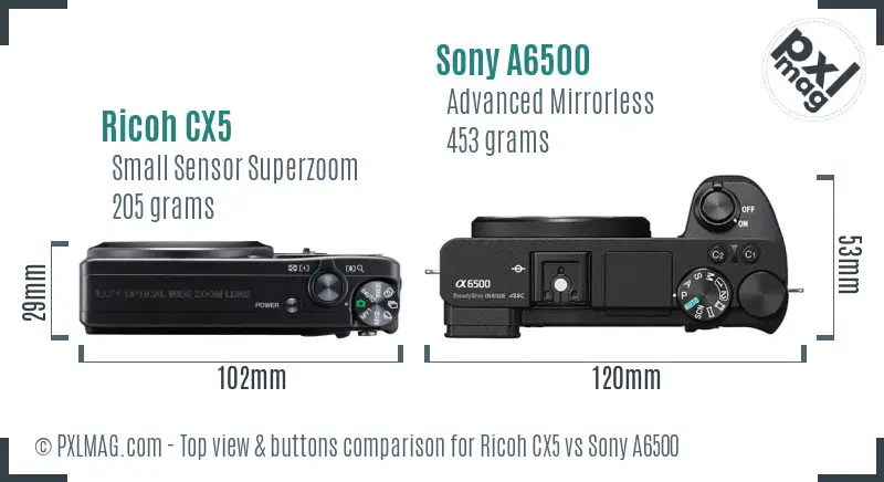 Ricoh CX5 vs Sony A6500 top view buttons comparison