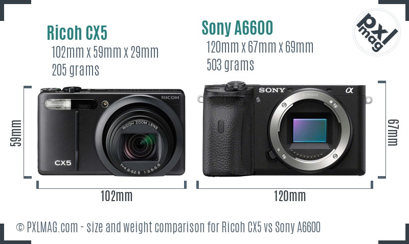 Ricoh CX5 vs Sony A6600 size comparison