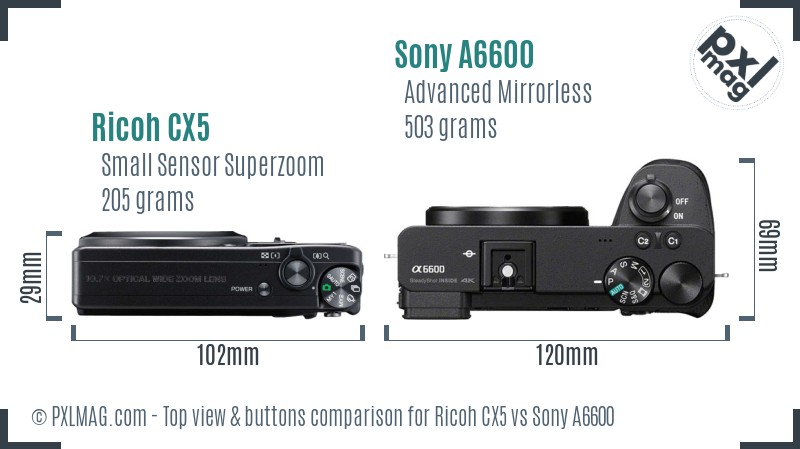 Ricoh CX5 vs Sony A6600 top view buttons comparison