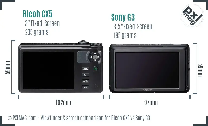 Ricoh CX5 vs Sony G3 Screen and Viewfinder comparison