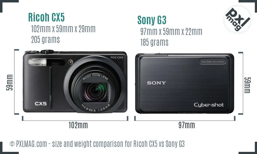 Ricoh CX5 vs Sony G3 size comparison