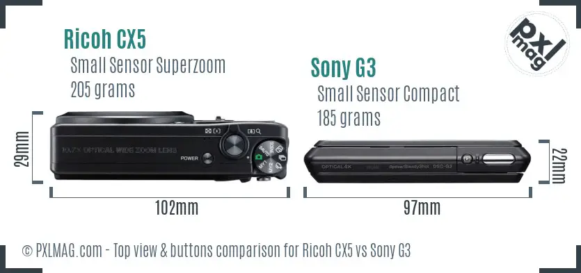 Ricoh CX5 vs Sony G3 top view buttons comparison