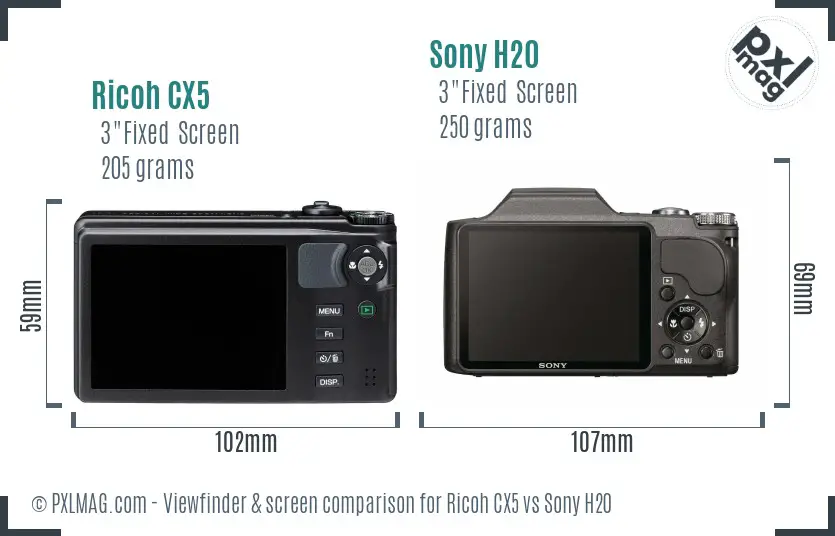 Ricoh CX5 vs Sony H20 Screen and Viewfinder comparison