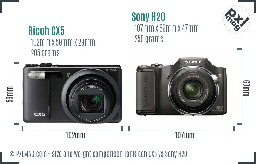 Ricoh CX5 vs Sony H20 size comparison