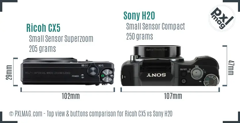 Ricoh CX5 vs Sony H20 top view buttons comparison