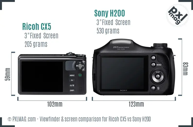 Ricoh CX5 vs Sony H200 Screen and Viewfinder comparison