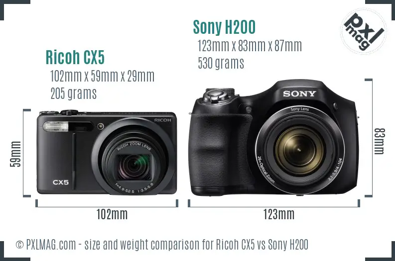 Ricoh CX5 vs Sony H200 size comparison