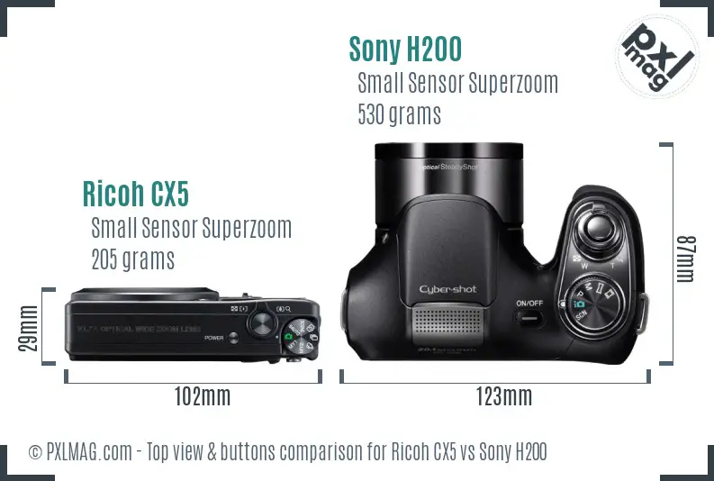 Ricoh CX5 vs Sony H200 top view buttons comparison