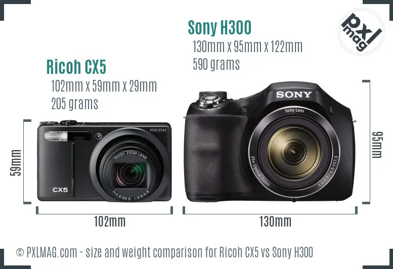 Ricoh CX5 vs Sony H300 size comparison