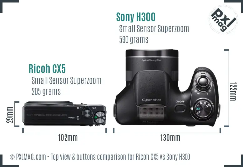 Ricoh CX5 vs Sony H300 top view buttons comparison