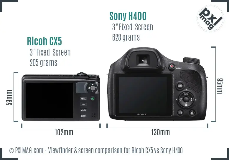 Ricoh CX5 vs Sony H400 Screen and Viewfinder comparison