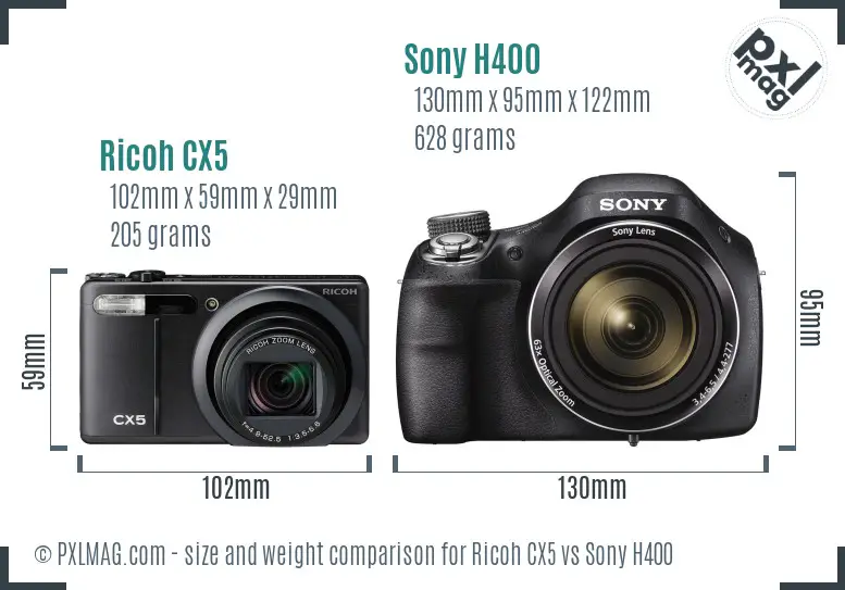 Ricoh CX5 vs Sony H400 size comparison