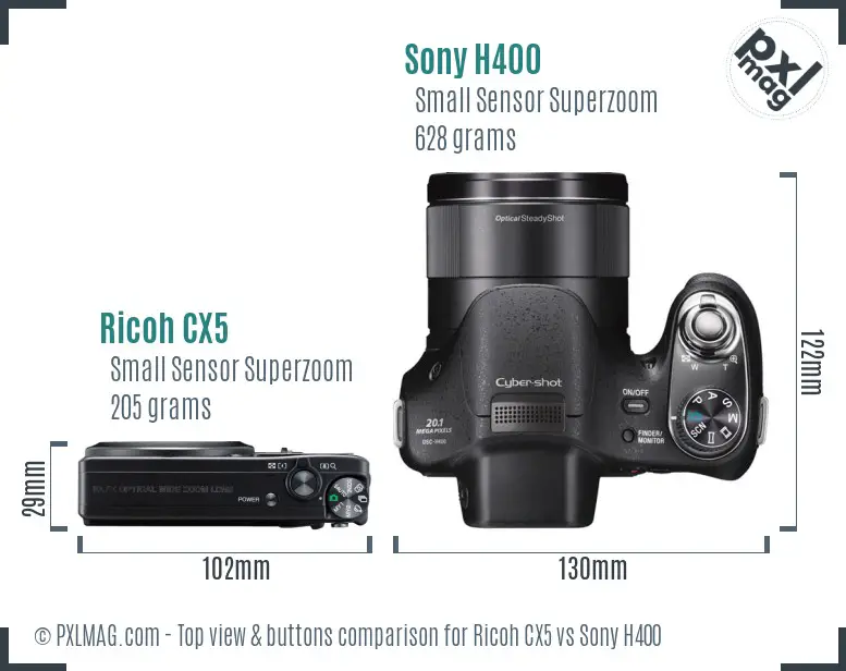 Ricoh CX5 vs Sony H400 top view buttons comparison