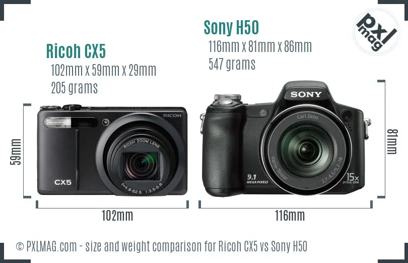 Ricoh CX5 vs Sony H50 size comparison