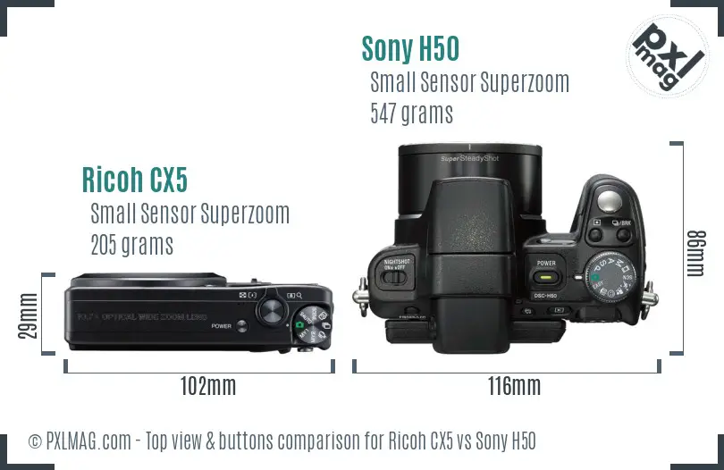 Ricoh CX5 vs Sony H50 top view buttons comparison