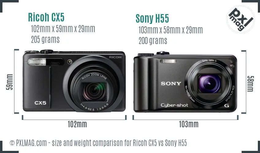 Ricoh CX5 vs Sony H55 size comparison