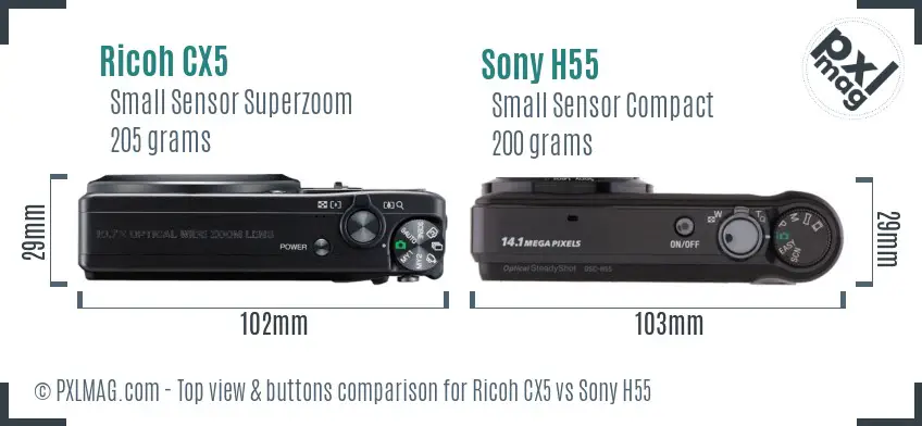 Ricoh CX5 vs Sony H55 top view buttons comparison