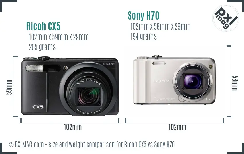 Ricoh CX5 vs Sony H70 size comparison