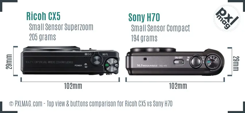 Ricoh CX5 vs Sony H70 top view buttons comparison