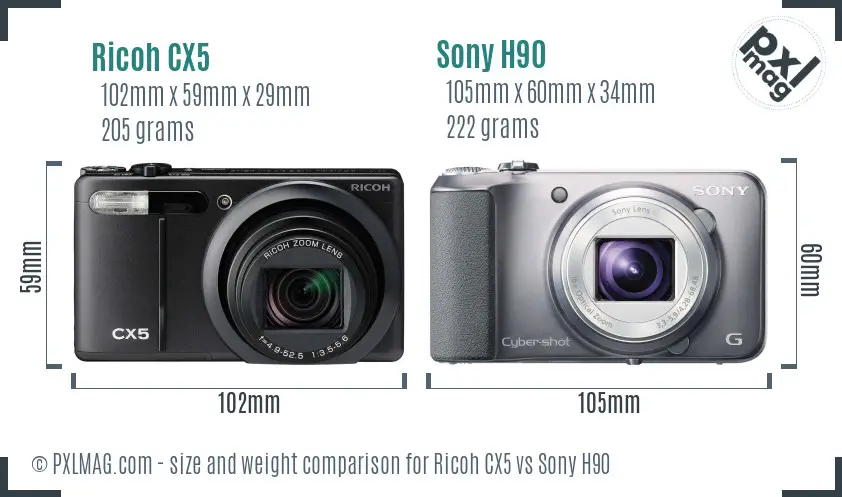 Ricoh CX5 vs Sony H90 size comparison