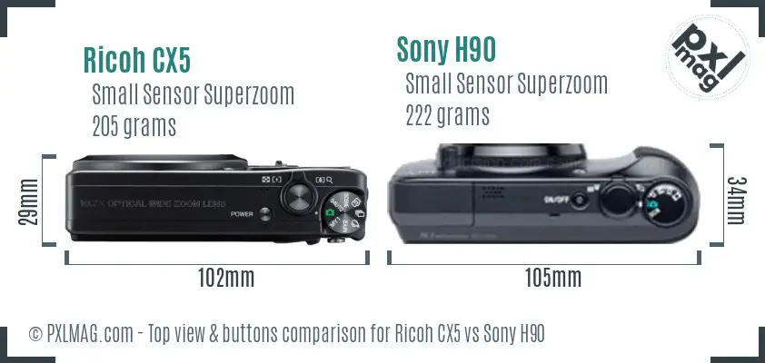 Ricoh CX5 vs Sony H90 top view buttons comparison