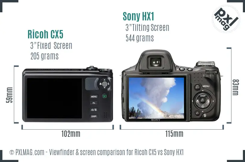 Ricoh CX5 vs Sony HX1 Screen and Viewfinder comparison